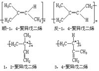 聚异戊二烯   它有4种立构规整结构:   其中1,2和3,4结构又各有全同和