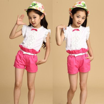 哒哒唔夏季<em>女童</em>蕾丝<em>短袖短裤套装</em>热裤套装 玫