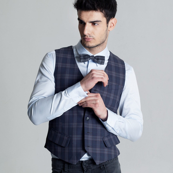 BASIQUE 元本 修身格子男装西服<em>马甲</em> 英伦V领