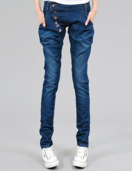 韩洛浠 2014春秋新款韩版显瘦排扣哈伦牛仔裤