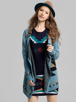 秋冬新款 几何提花<em>开衫</em>外套 直筒<em>针织</em>衫 <em>女长袖</em>