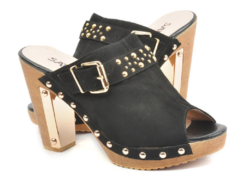 沙驰 女式 帅气范儿铆钉鱼嘴套脚高跟牛皮凉拖