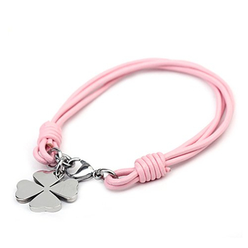 阿尔法-粉红色牛皮绳四叶草情侣手链 钛钢男女