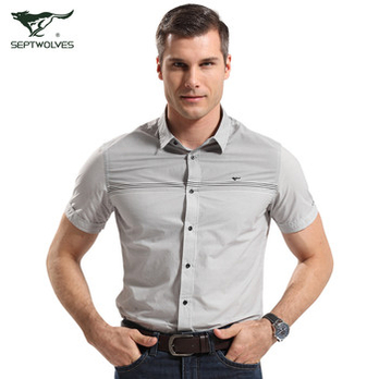 七匹狼短袖衬衫 男士休闲细格子拼接衬衫纯棉