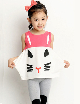 棉花桃子 夏季新款 韩版抽象猫咪两件套 女童打