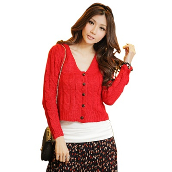 秋冬甜美带帽勾花长袖<em>单排扣</em>针织<em>开衫</em>外套<em>短款</em>