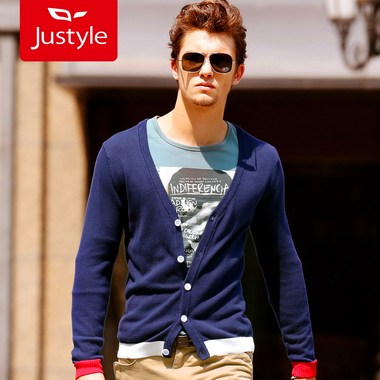 JUSTYLE 都市轻风时尚简约撞色<em>男士纯棉</em>深V