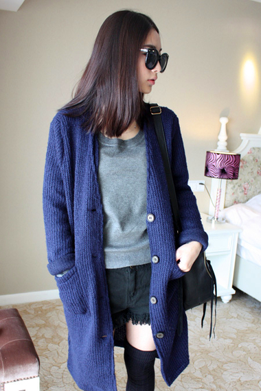 2012秋冬新款 街拍款大口袋长款<em>毛衣开衫</em>外套