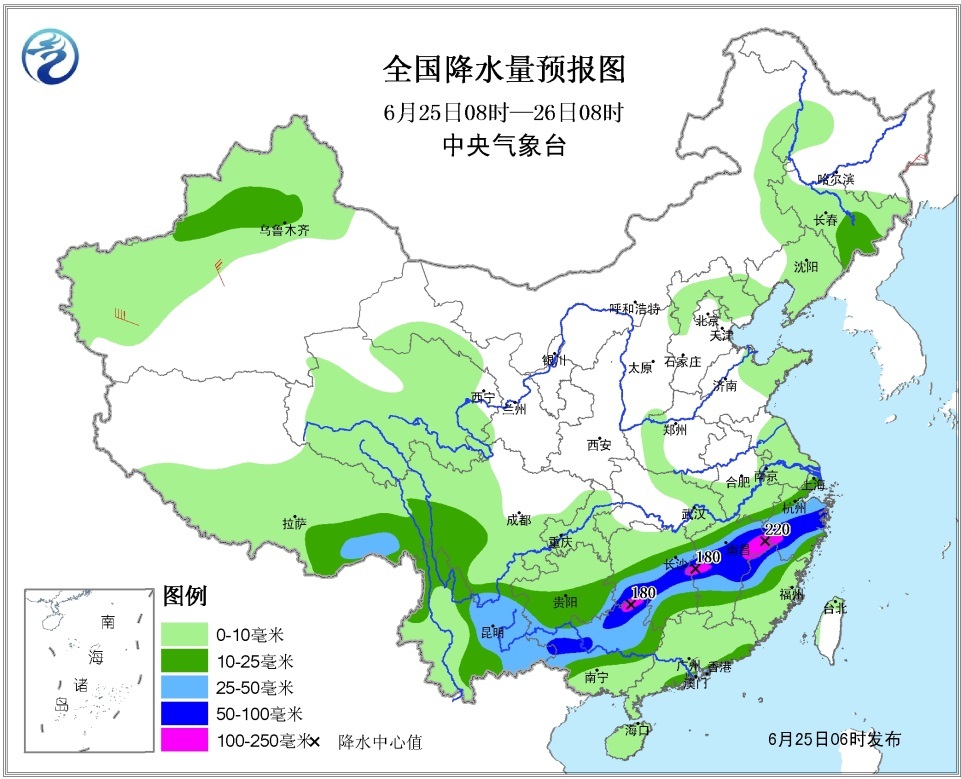 图1全国强降雨落区预报图(6月25日08时-26日08时)