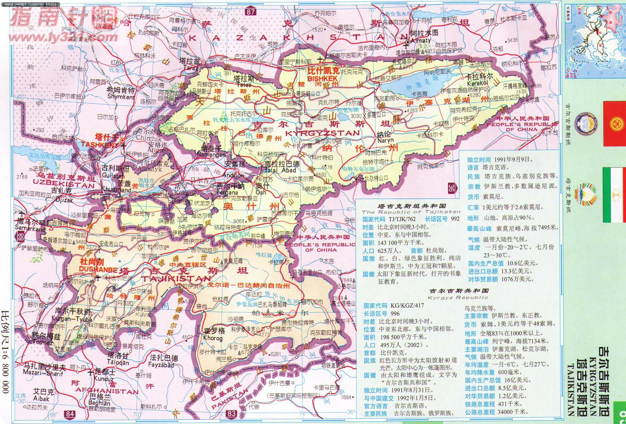 吉尔吉斯斯坦 kyrgyzstan 4,822,938 199,900 比什凯克 bishkek人口