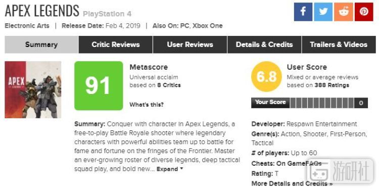 目前，《Apex 英雄》在MC上媒体评分为91分，其中大家比较关注的GS评分为90，IGN最终评分9.0分