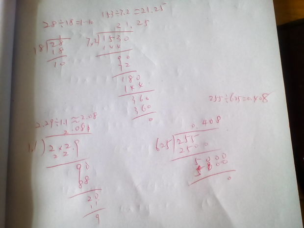 竖式计算:28÷18= 153÷7.2= 2.29÷1.1= 255÷625=