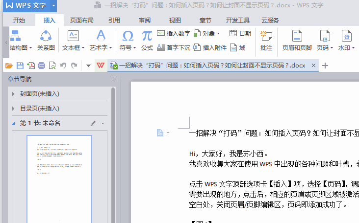 设置页码:点击wps文字顶部选项卡【插入】项,选择【页码】,调出页码