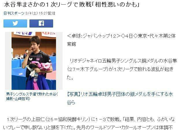打脸!水谷隼豪言东京奥运夺冠 国内赛一轮游