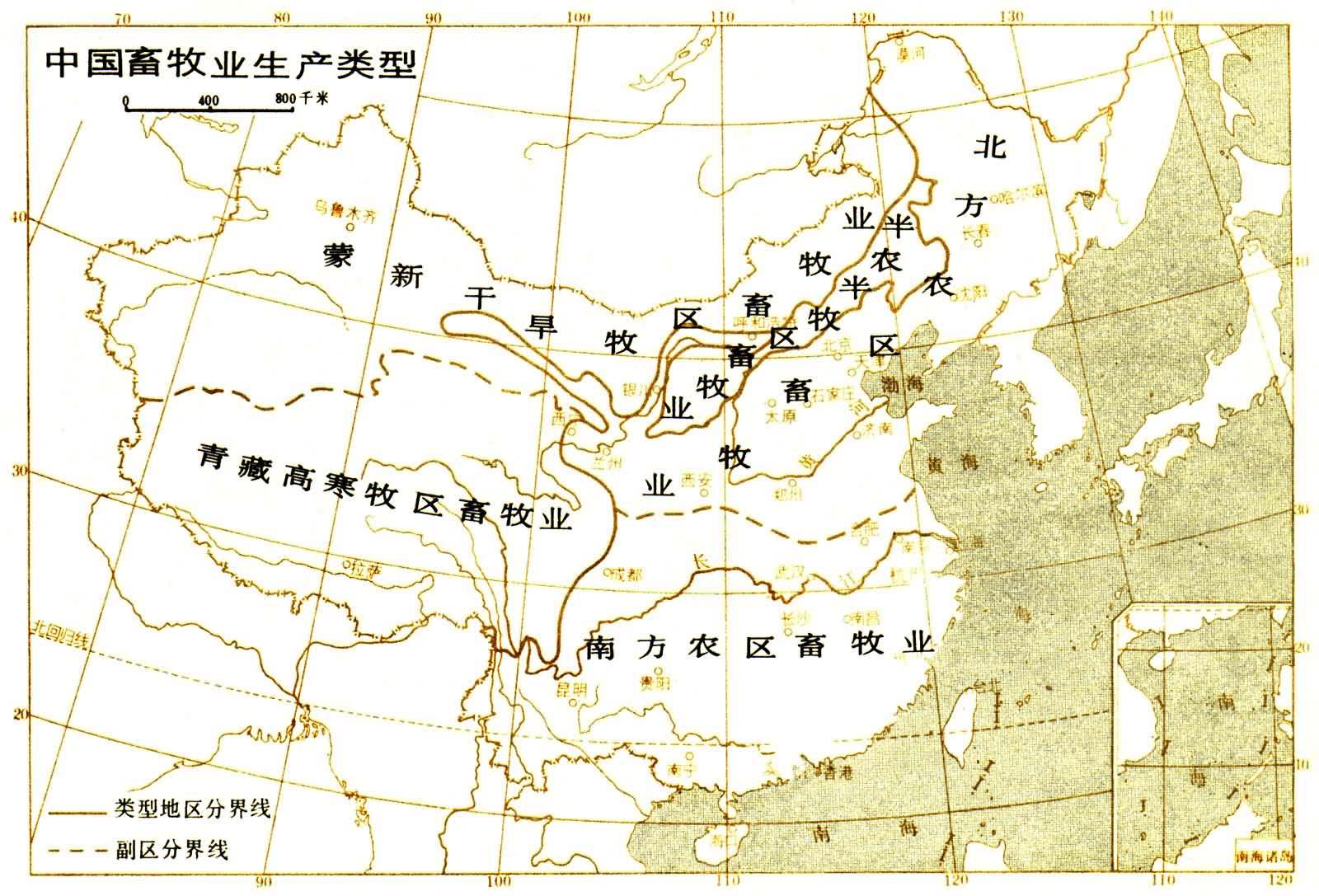 牧区畜牧业 主要分布于北部的内蒙古高原,西部的新疆和西南部的