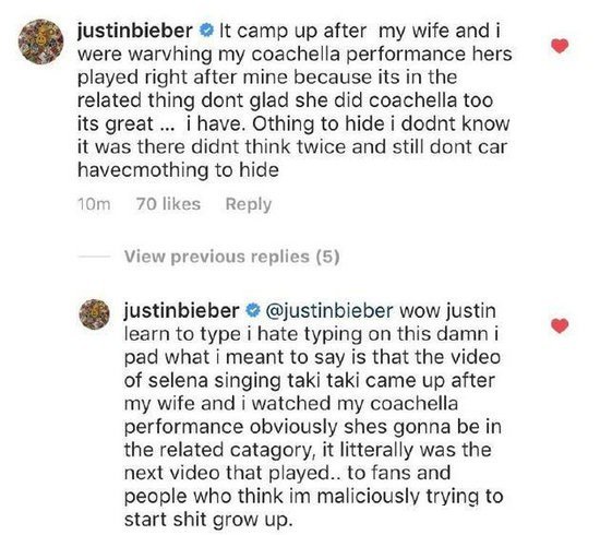 比伯浏览记录中出现赛琳娜视频?回应:幻想该结