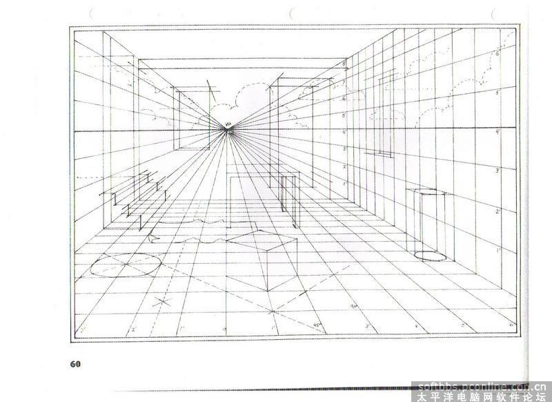 1)按照一定比例确定墙角线A-B,兼作量高线。 2)AB间选定视高H.L.,过B作水平的辅助线,作G.L.用。 3)在H.L.上确定灭点V1、V2,画出墙边线。 4)以V1、V2、为直径画半圆,在半圆上确定视点E。 5)根据E点,分别以V1、V2为圆心求出M1、M2量点。 6)在G.L.上,根据AB的尺寸画出等分。 7)M1、M2分别与等分点连接,求出地面、墙柱等分点。 8)各等分点分别与V1、V2连接,求出透视图(图46、47)。