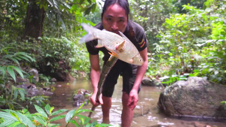 原始丛林人苏门答腊 第二季 暴雨后森林溪流很湍急，用树枝叉鱼，没想到还真好使