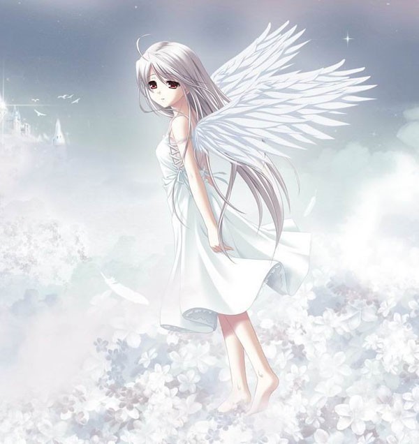 动漫,是一个白头发有翅膀的女生,她的眼睛是棕色的,穿的是白裙子,飞在